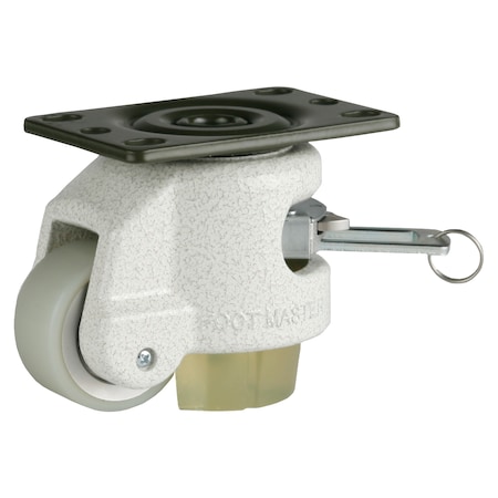 Foot Master Leveling Caster, Ratchet, 50 mm PU Wheel, 2-1/2 x 3-1/4 Plate, Swivel, 250 kg Cap, PU Pad, Ivory GDR-60-F-HUP-CUR-PUS